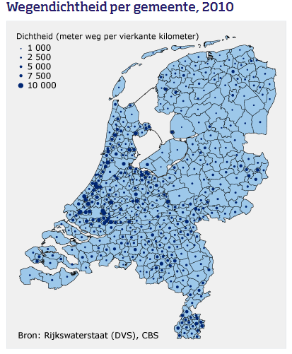 Kaart wegendichtheid per gemeente NL